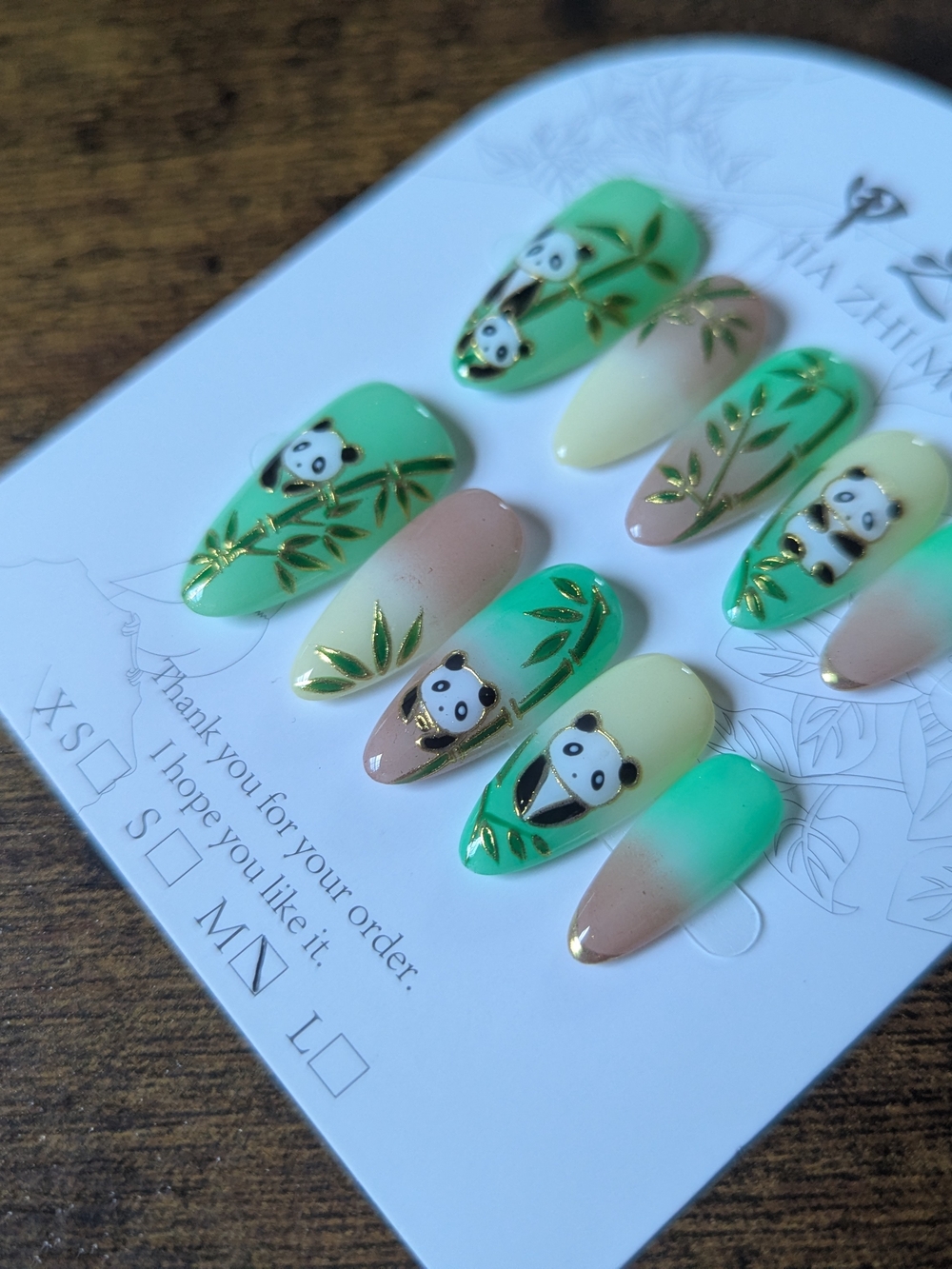 Cute Panda Bamboo Press-On Nails - Green Gradient Set